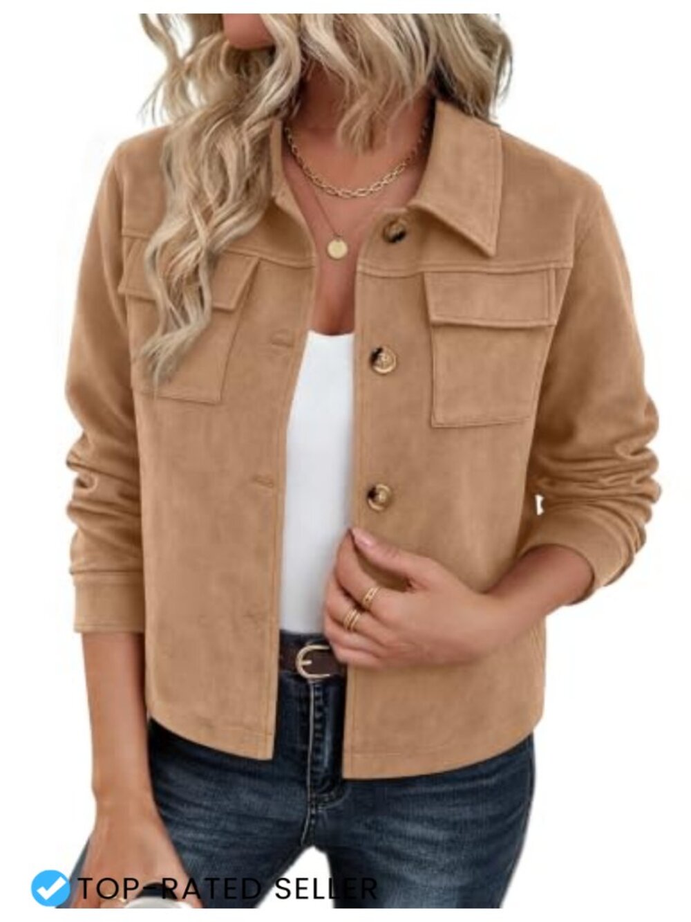 Faux Suede Cropped Jacket Button Up Long Sleeve Casual Shacket
